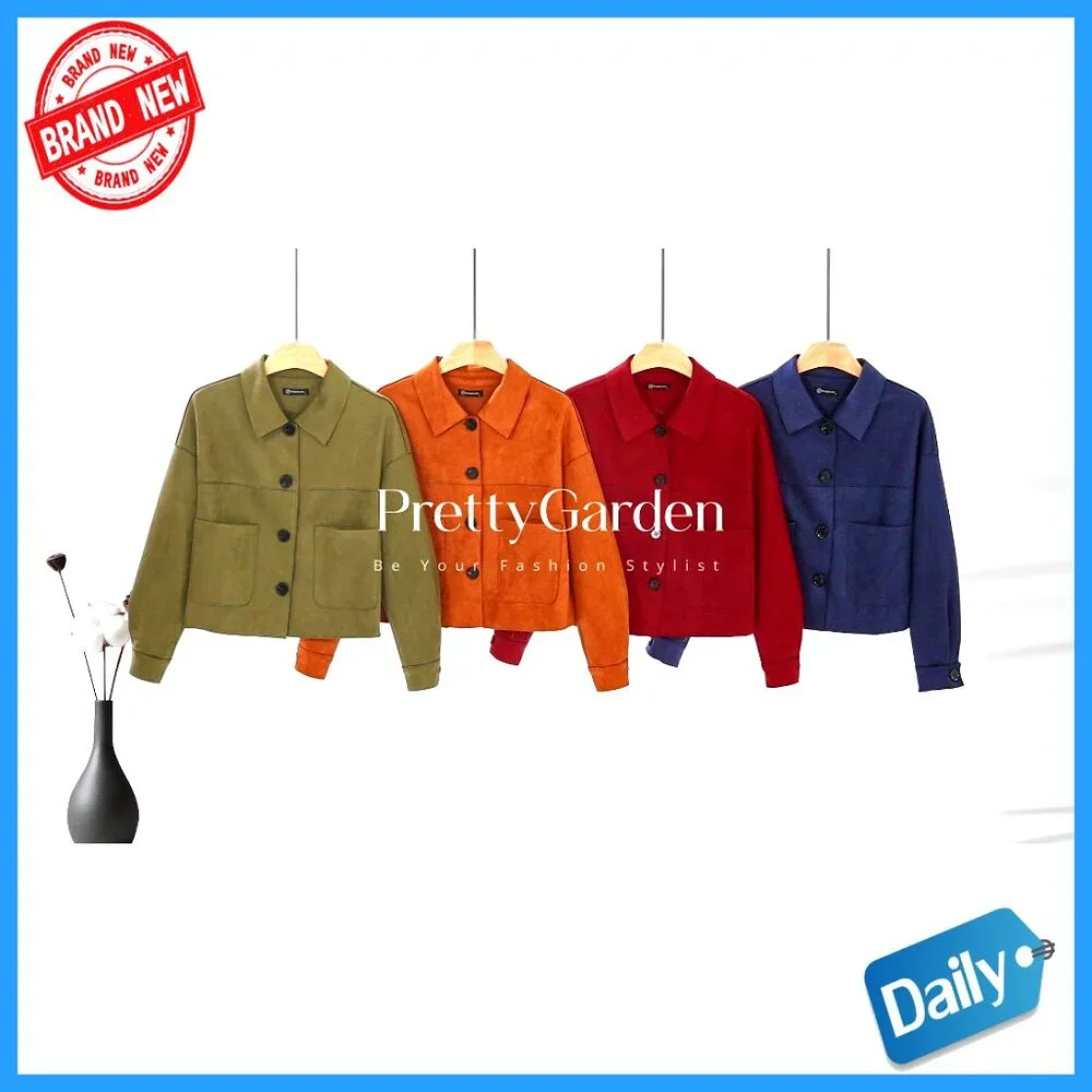 Faux Suede Cropped Jacket Long Sleeve Button Front Relaxed Fit Casual - Picture 7 of 7